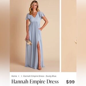 Size large Birdy Grey dusty blue chiffon bridesmaid dress with slit.